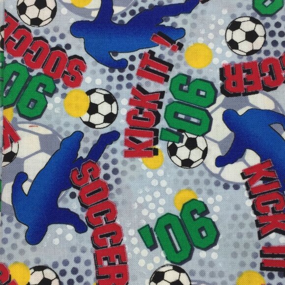 FQ Quilting Fabric Fat Quarter Soccer Balls '06 Kick It 90 Red Blue Green Yellow - Picture 2 of 8
